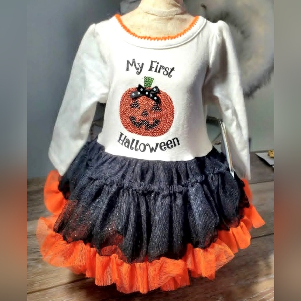 Koala Kids Baby's Pumpkin Halloween Dress - White, Black, and Orange Size 0-3M